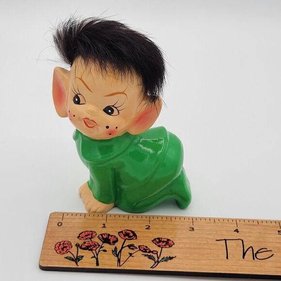 RARE Pristine 1950's Crawling Green Pixie Elf Pointy Ear Real Fur Hair Figurine - Picture 10 of 16